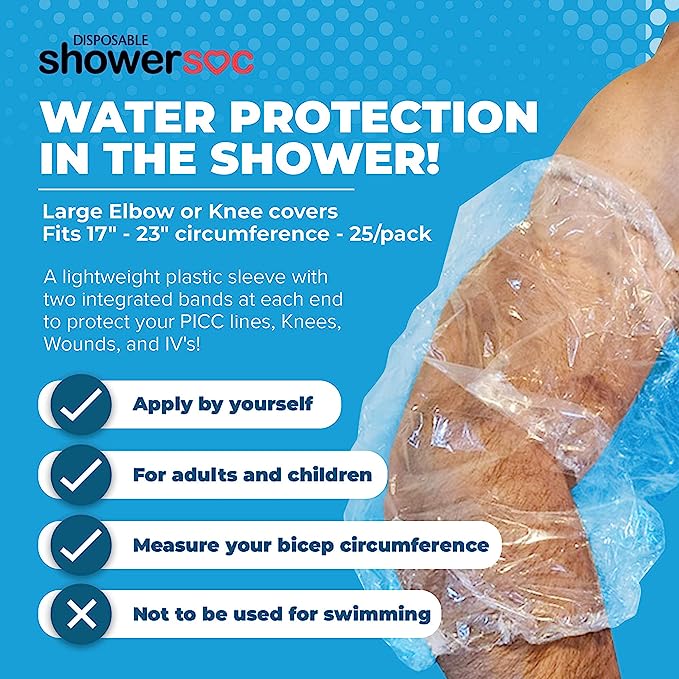Waterproof PICC Line Shower Cover - Large 25 Pack (17-24") Disposable Arm Protector
